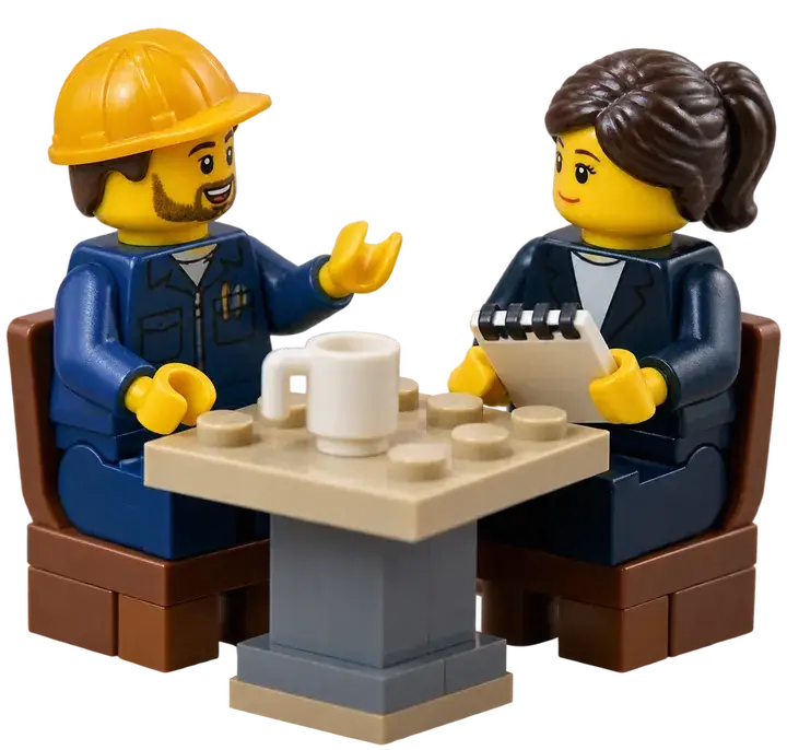 Deux personnages Lego assis à une table, l'un écoute et prend des notes