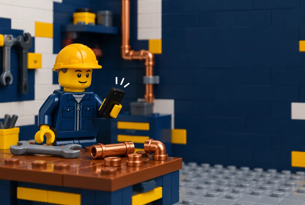 Plombier au téléphone dans son atelier, scène en briques Lego