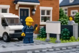 Maçon en briques devant son camion et un panneau de chantier, un voisin regarde