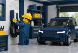 Électricien en briques posant une borne de recharge dans un garage