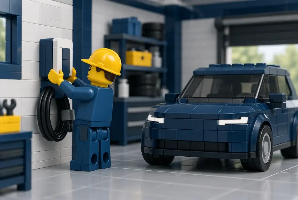 Électricien en briques posant une borne de recharge dans un garage
